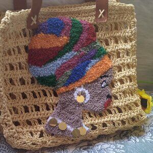 Handmade Beige Crochet Bag with Colorful African Woman Punch Needle Design